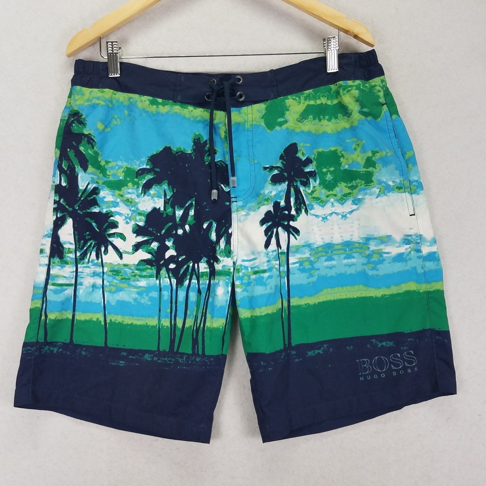 HUGO BOSS Zen Swim Trunks Men M Blue Green Polyester Ombre Palm Tree Print